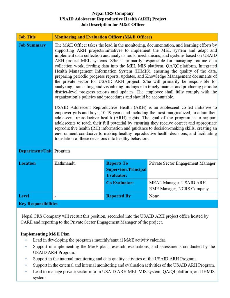 Nepal CRS Company Vacancy for Monitoring and Evaluation Officer 2 TOR USAID ARH Project ME Officer page 0001 1