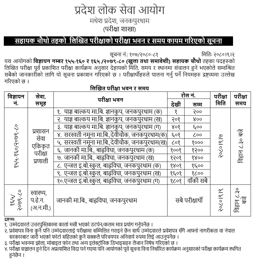 Lok Sewa Aayog, Madhesh Pradesh Assistant Level 4th Written Examination Center 2 Madhesh Pradesh Lok Sewa Aayog Exam Center of 4th Level Admin and ANM 1