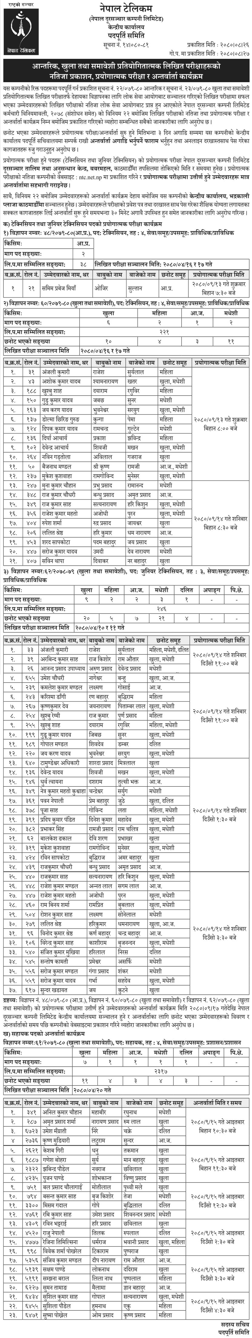 Nepal Telecom Exam Results and Interview Schedule of Various Positions 1