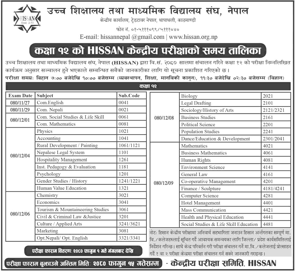 HISSAN Class 12 Examination Schedule 2080 Unveiled: A Comprehensive Guide 2 HISSAN Class 12 Examination Schedule 2080 1