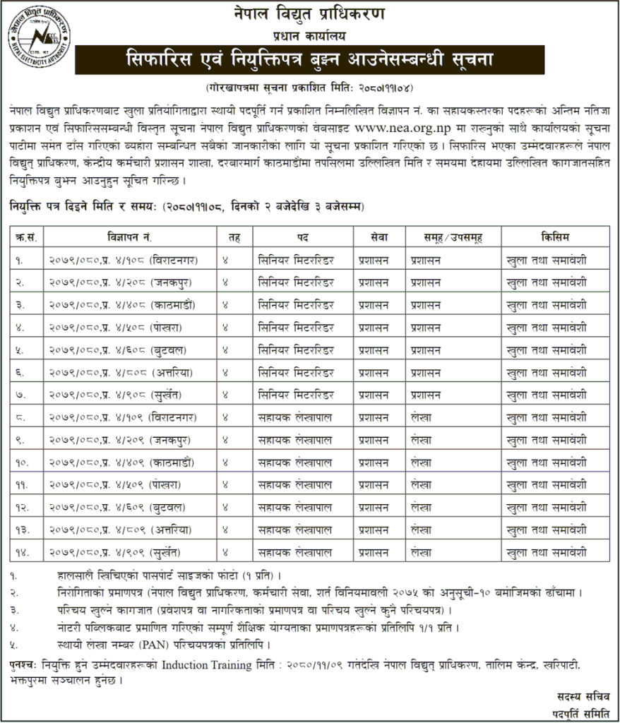 Nepal Electricity Authority Final Result and Call for Appointment Letter of 4th Level Assistant 1