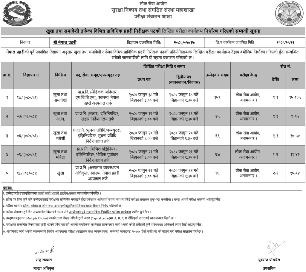 Nepal Police Written Exam Schedule for Technical Inspector 1