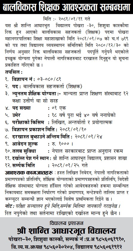 Regarding Child Development Teacher Requirement at Shri Shanti Basic School Shiva Blog 1