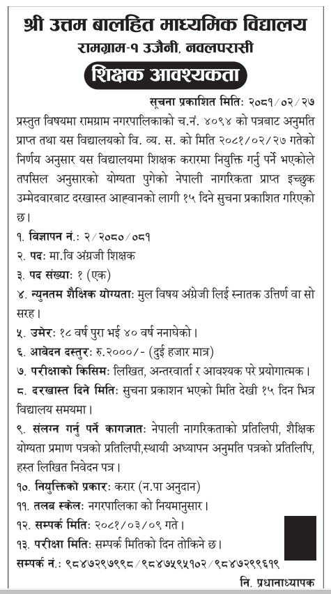 Shree Uttam balhit madhyamik vidyalaya job vacancy