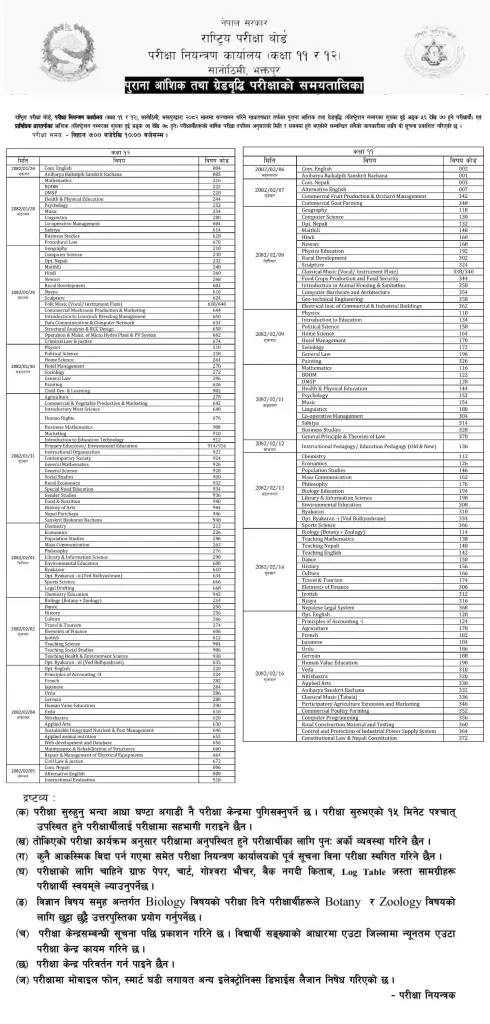 NEB Grade 11 12 Old Partial and Grade Increment Exam Routine 2082 Nepal Government Exam Schedule