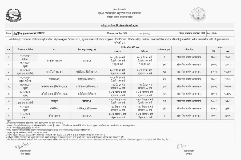 Industrial District Management Limited Written Exam Schedule 2081