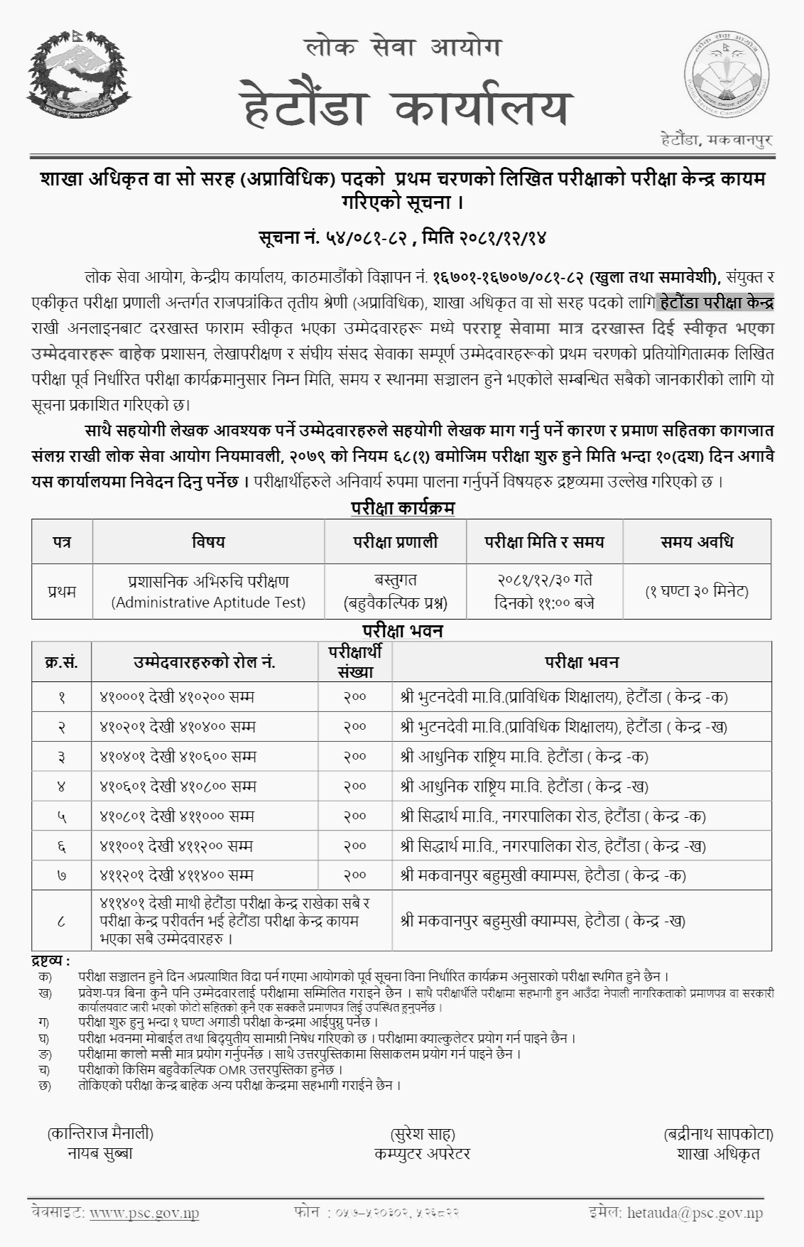 Lok Sewa Aayog Hetauda Shakha Adhikrit First Phase Exam Center 2081