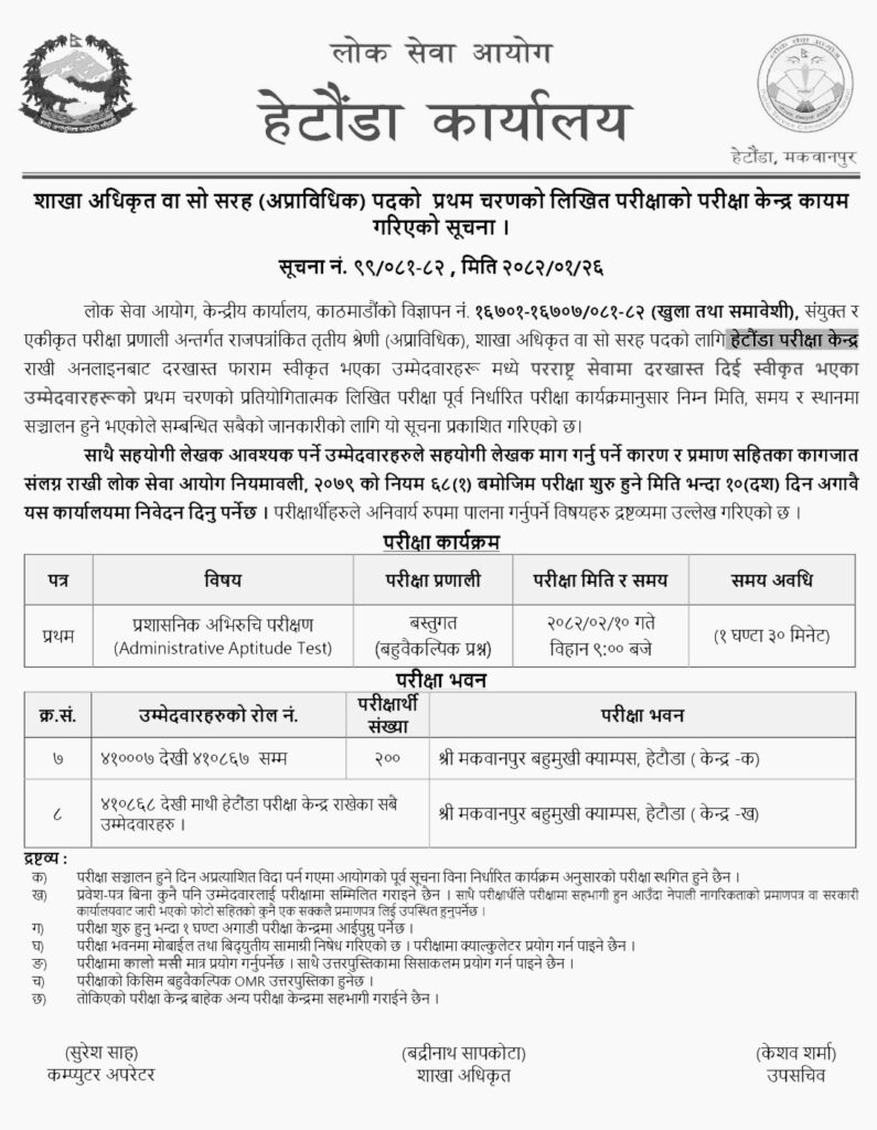 PSC Hetauda Foreign Officer First Phase Written Exam 2082