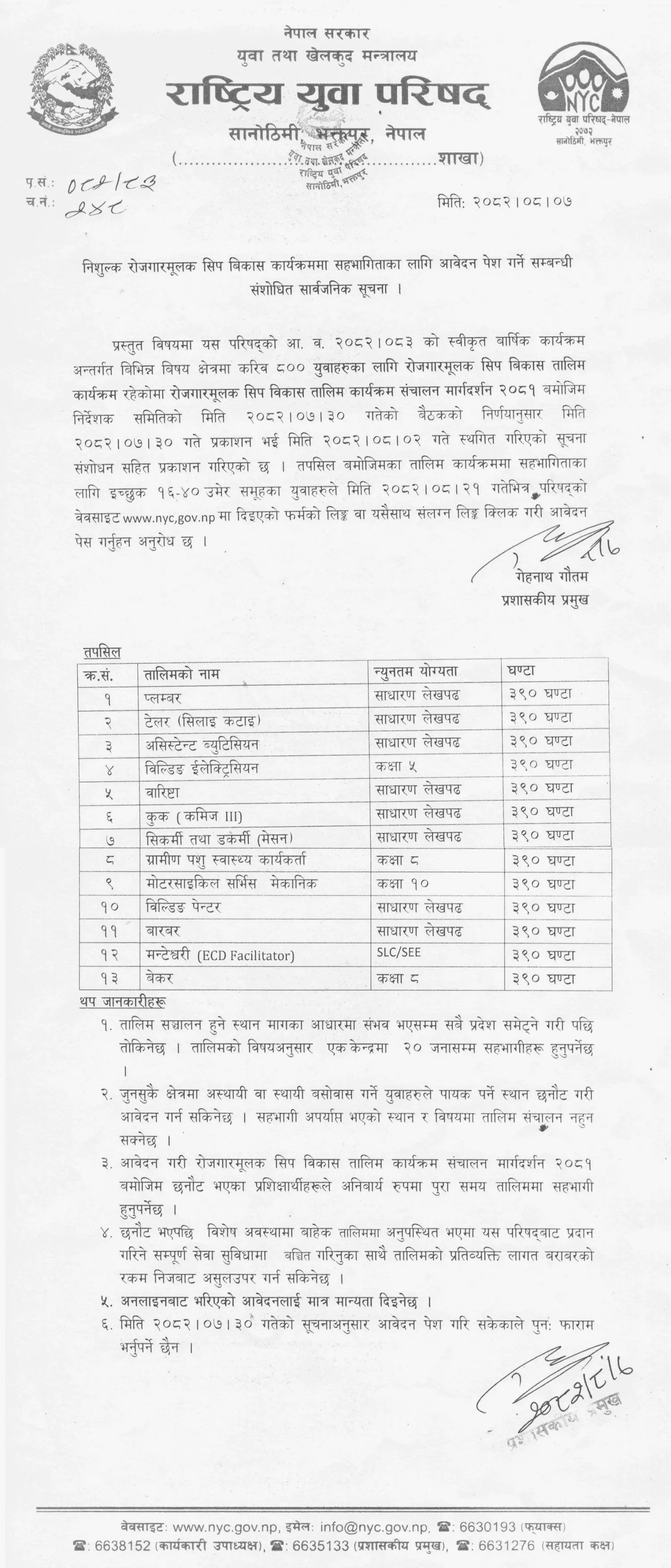 Rashtriya Yuva Parishad Rojgar Mulak Sip Talim Notice 2 National Youth Councils Free Skill Training An Opportunity